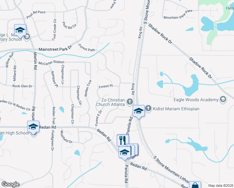 map of restaurants, bars, coffee shops, grocery stores, and more near 1038 Forest Path in Stone Mountain