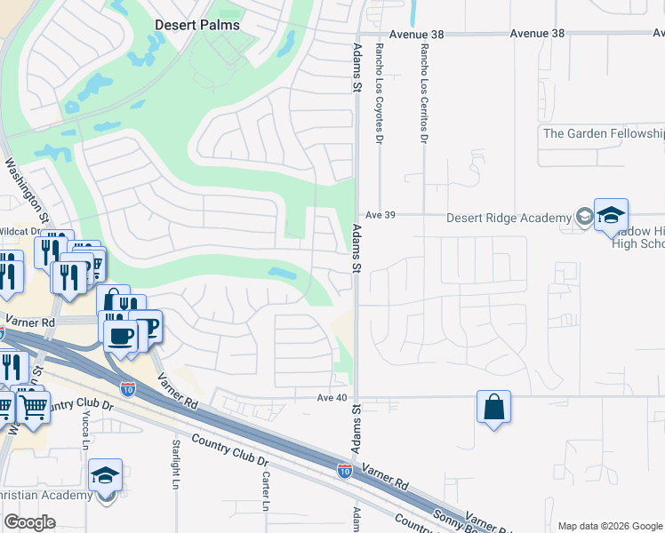 map of restaurants, bars, coffee shops, grocery stores, and more near 78954 Nectarine Drive in Palm Desert
