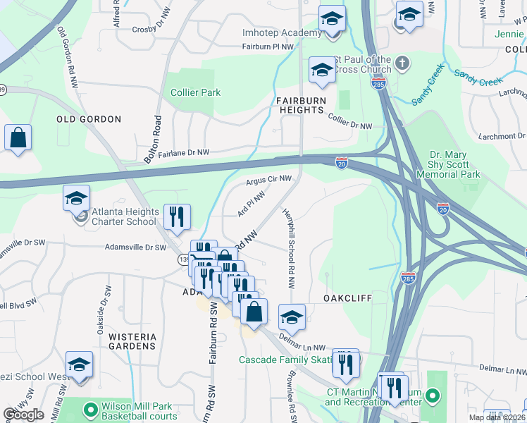 map of restaurants, bars, coffee shops, grocery stores, and more near 290 Fairburn Rd NW in Atlanta