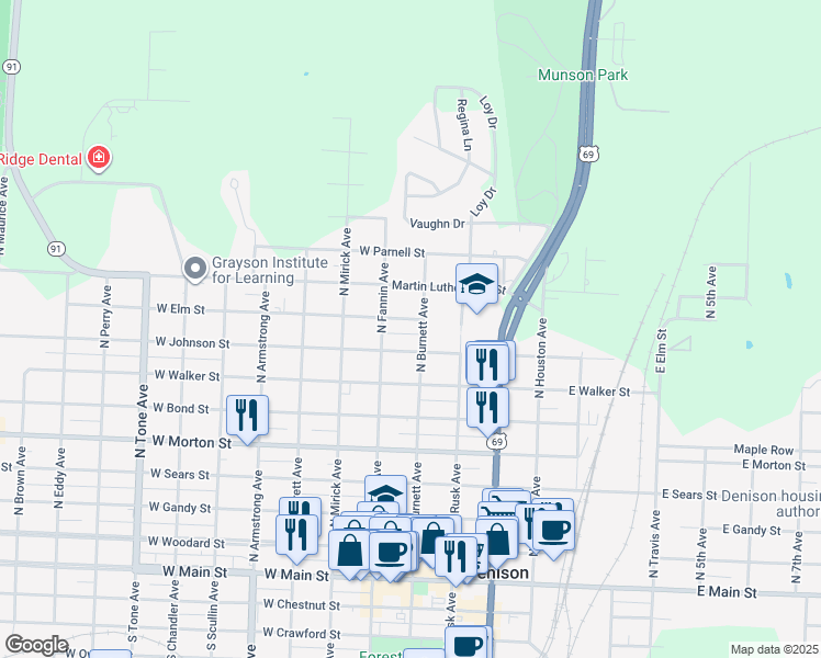 map of restaurants, bars, coffee shops, grocery stores, and more near 404 West Elm Street in Denison