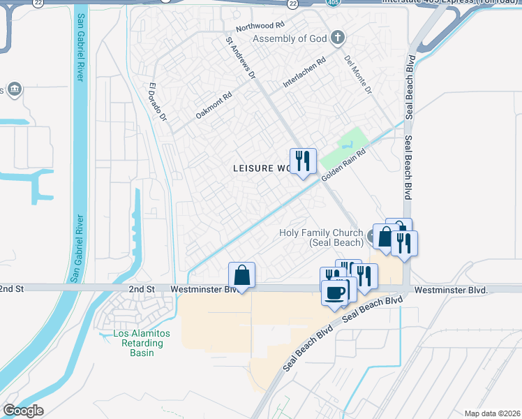 map of restaurants, bars, coffee shops, grocery stores, and more near 1491 Golden Rain Road in Seal Beach