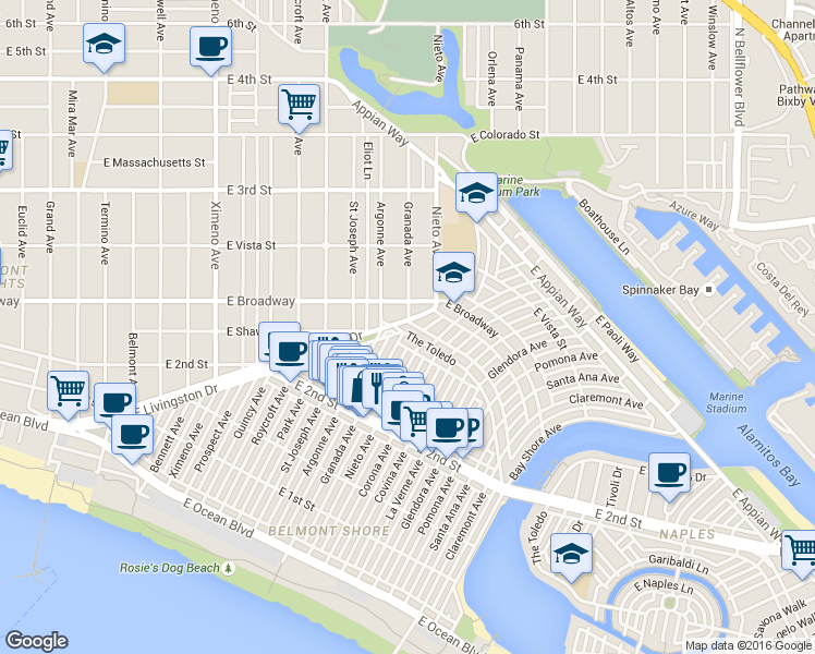 map of restaurants, bars, coffee shops, grocery stores, and more near 5101 East The Toledo in Long Beach