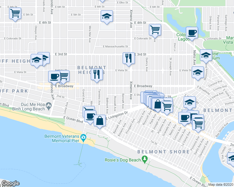 map of restaurants, bars, coffee shops, grocery stores, and more near 4225 East Shaw Street in Long Beach