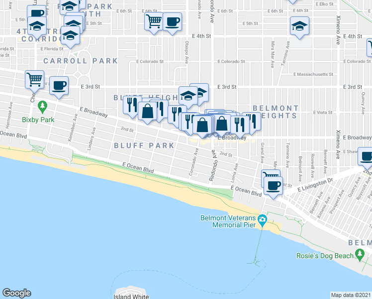map of restaurants, bars, coffee shops, grocery stores, and more near 3130 2nd Street in Long Beach