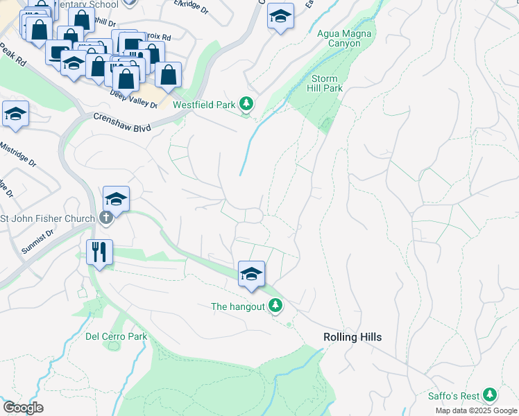 map of restaurants, bars, coffee shops, grocery stores, and more near 7 Johns Canyon Road in Rolling Hills