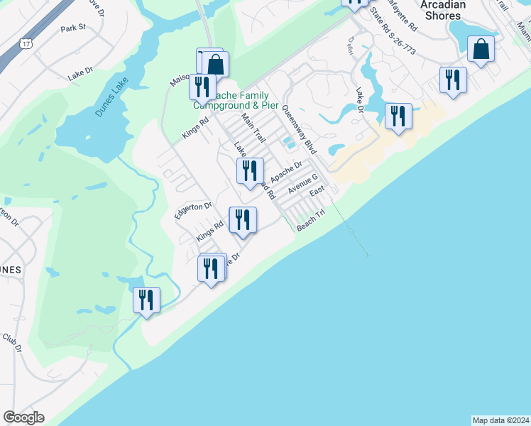 map of restaurants, bars, coffee shops, grocery stores, and more near 9661 Shore Drive in Myrtle Beach