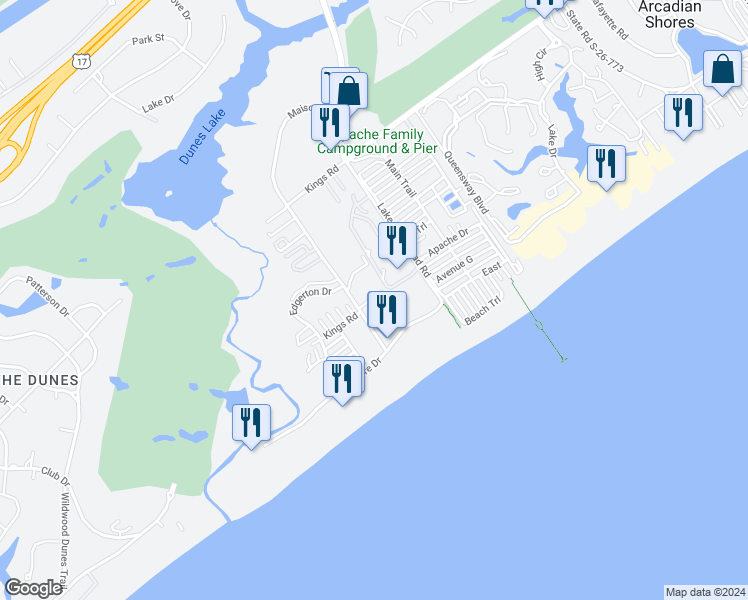 map of restaurants, bars, coffee shops, grocery stores, and more near 202 Maison Drive in Myrtle Beach