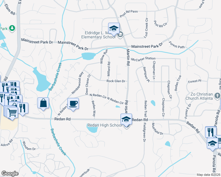 map of restaurants, bars, coffee shops, grocery stores, and more near 1048 South Millard Way in Stone Mountain