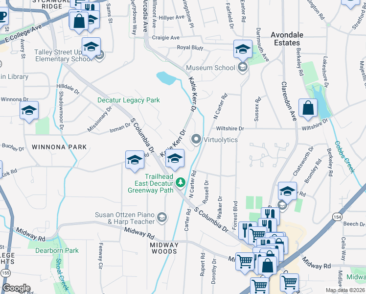 map of restaurants, bars, coffee shops, grocery stores, and more near 1104 Ashbury Drive in Decatur