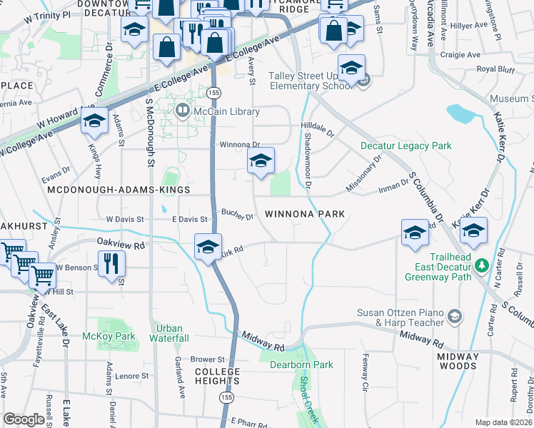 map of restaurants, bars, coffee shops, grocery stores, and more near 708 Avery Street in Decatur