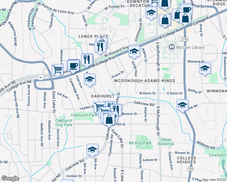 map of restaurants, bars, coffee shops, grocery stores, and more near 255 Jefferson Place in Decatur