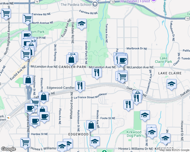 map of restaurants, bars, coffee shops, grocery stores, and more near 1515 Iverson Street Northeast in Atlanta