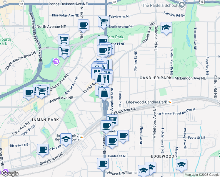 map of restaurants, bars, coffee shops, grocery stores, and more near 335 Josephine Street Northeast in Atlanta