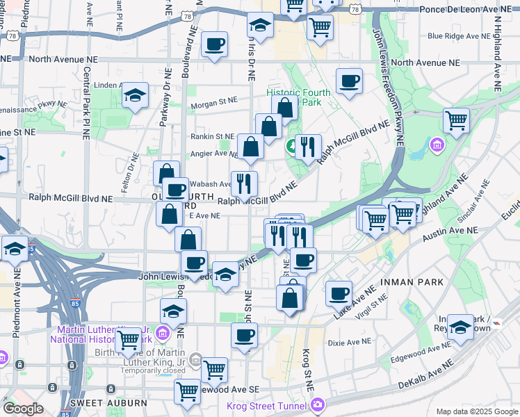 map of restaurants, bars, coffee shops, grocery stores, and more near 345 Glen Iris Drive Northeast in Atlanta