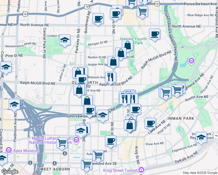 map of restaurants, bars, coffee shops, grocery stores, and more near 554 East Avenue Northeast in Atlanta
