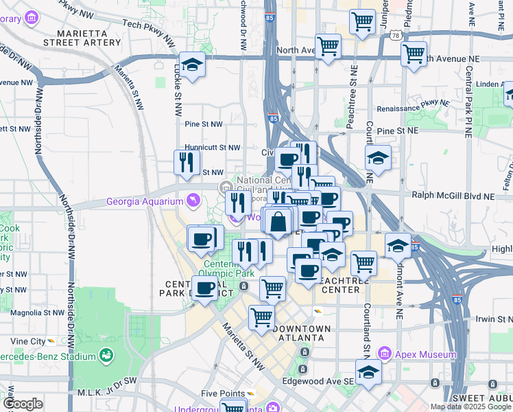 map of restaurants, bars, coffee shops, grocery stores, and more near 325 Centennial Olympic Park Drive Northwest in Atlanta