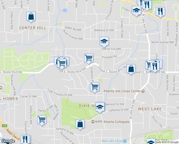 map of restaurants, bars, coffee shops, grocery stores, and more near 308 Anderson Avenue Northwest in Atlanta