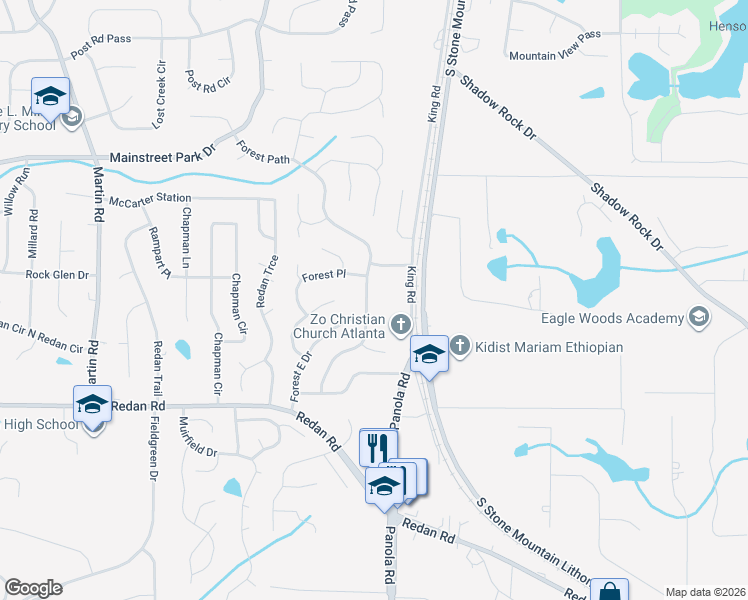 map of restaurants, bars, coffee shops, grocery stores, and more near 1038 Forest Path in Stone Mountain