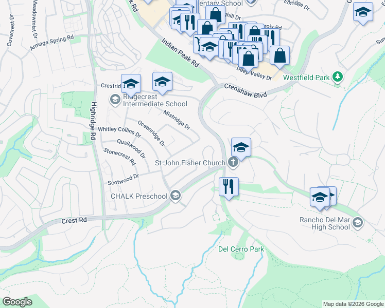 map of restaurants, bars, coffee shops, grocery stores, and more near 5601 Whitecliff Drive in Rancho Palos Verdes