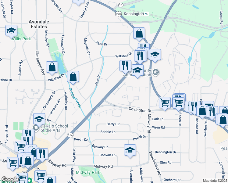 map of restaurants, bars, coffee shops, grocery stores, and more near 1101 North Village Drive in Decatur