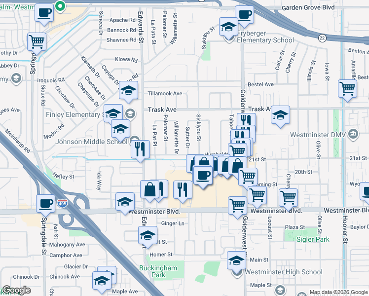 map of restaurants, bars, coffee shops, grocery stores, and more near 13671 Sutter Drive in Westminster