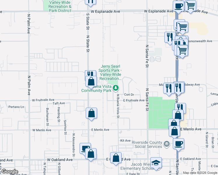 map of restaurants, bars, coffee shops, grocery stores, and more near 988 Roxanne Drive in Hemet