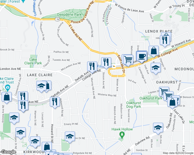 map of restaurants, bars, coffee shops, grocery stores, and more near 358 Clifford Avenue Northeast in Atlanta