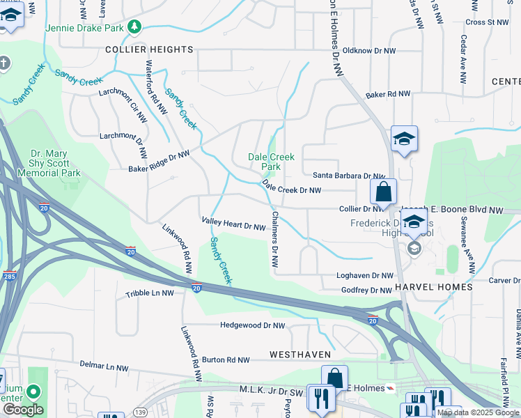 map of restaurants, bars, coffee shops, grocery stores, and more near 2760 Collier Drive Northwest in Atlanta