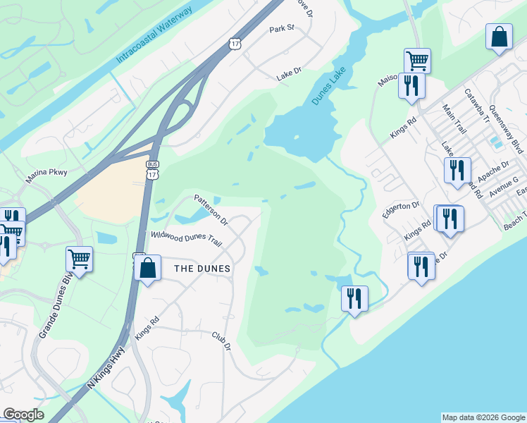 map of restaurants, bars, coffee shops, grocery stores, and more near 9498 Kings Road in Myrtle Beach