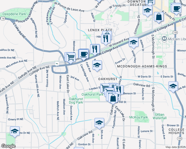 map of restaurants, bars, coffee shops, grocery stores, and more near 170 Feld Avenue in Decatur