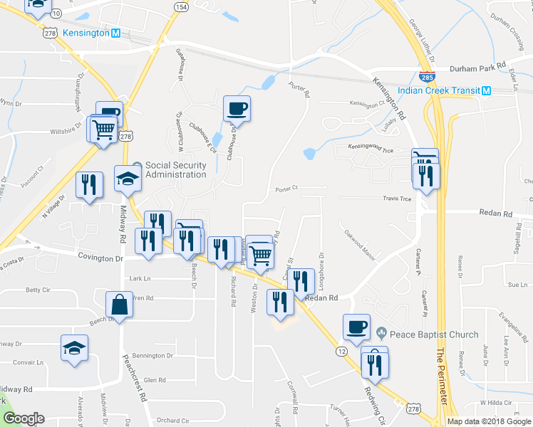 map of restaurants, bars, coffee shops, grocery stores, and more near 3588 Dove Valley Way in Decatur