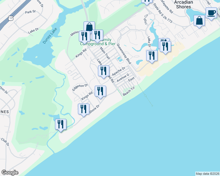 map of restaurants, bars, coffee shops, grocery stores, and more near 9661 Shore Drive in Myrtle Beach