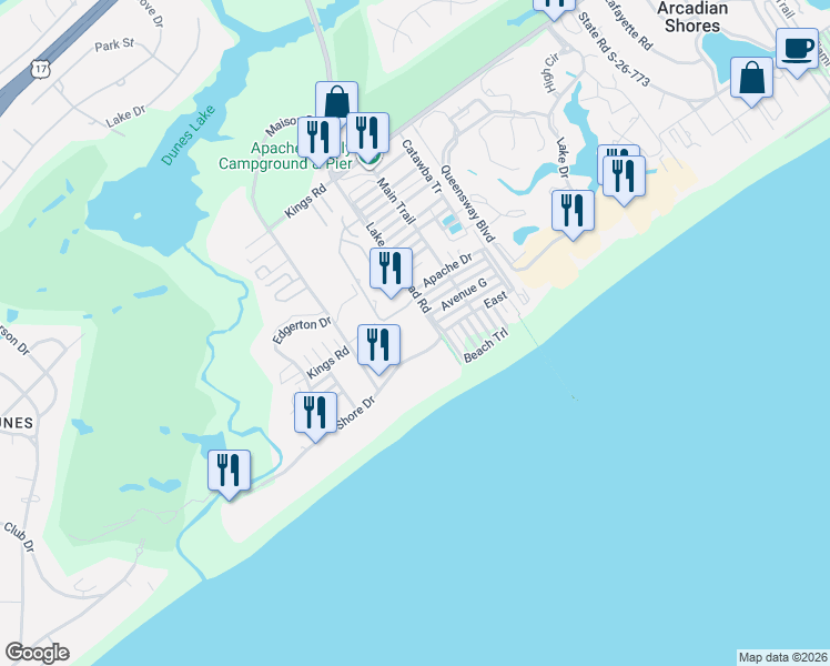 map of restaurants, bars, coffee shops, grocery stores, and more near 9661 Shore Drive in Myrtle Beach