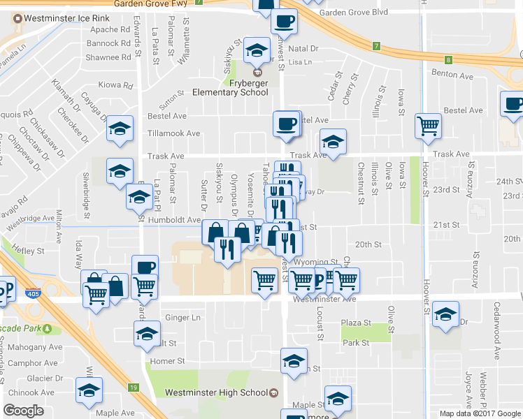 map of restaurants, bars, coffee shops, grocery stores, and more near 13671 Tahoe Street in Westminster