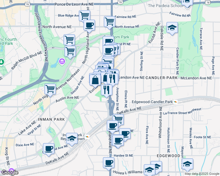 map of restaurants, bars, coffee shops, grocery stores, and more near Moreland Avenue Northeast in Atlanta