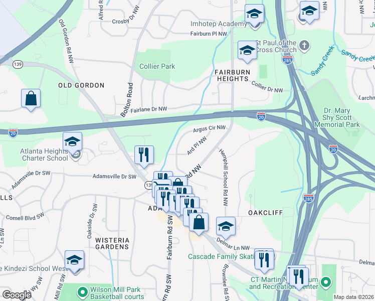 map of restaurants, bars, coffee shops, grocery stores, and more near 288 Ard Place Northwest in Atlanta
