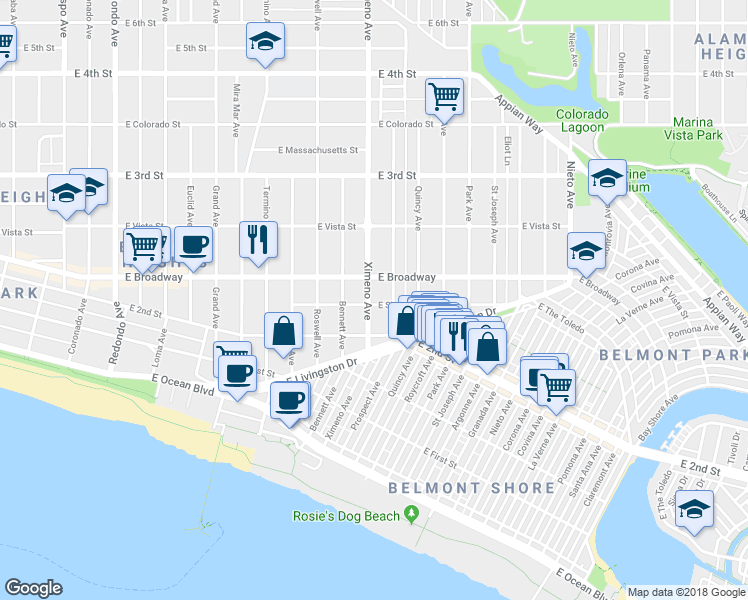 map of restaurants, bars, coffee shops, grocery stores, and more near 4401 East Shaw Street in Long Beach