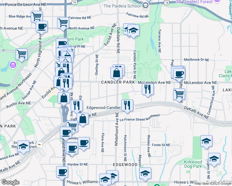 map of restaurants, bars, coffee shops, grocery stores, and more near 340 Oakdale Road Northeast in Atlanta