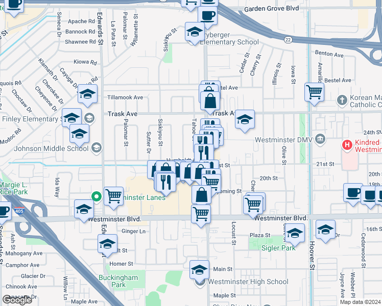 map of restaurants, bars, coffee shops, grocery stores, and more near 13671 Tahoe Street in Westminster