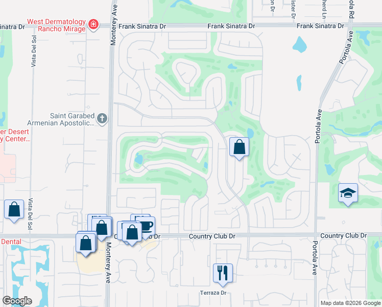 map of restaurants, bars, coffee shops, grocery stores, and more near 73450 Country Club Drive in Palm Desert