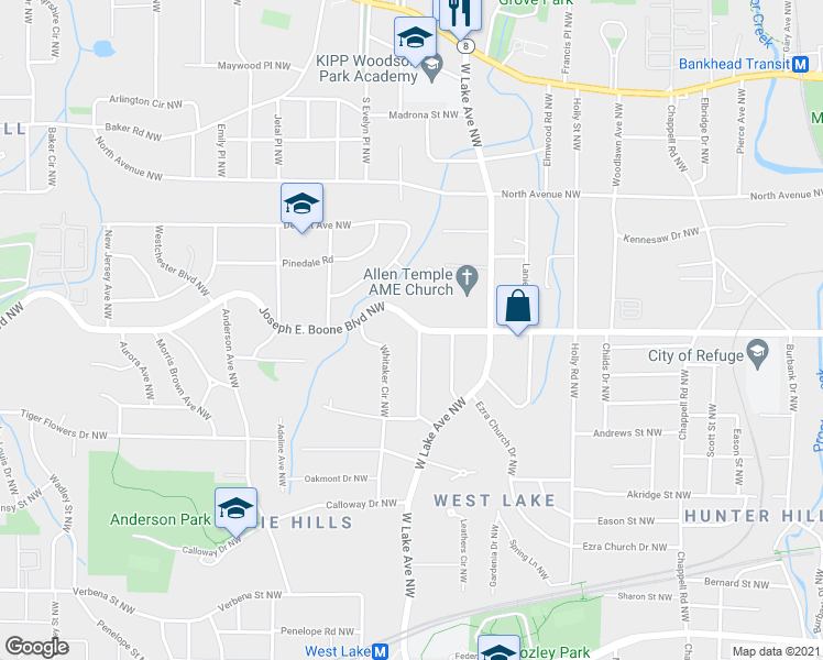 map of restaurants, bars, coffee shops, grocery stores, and more near 1716 Joseph E. Boone Boulevard Northwest in Atlanta