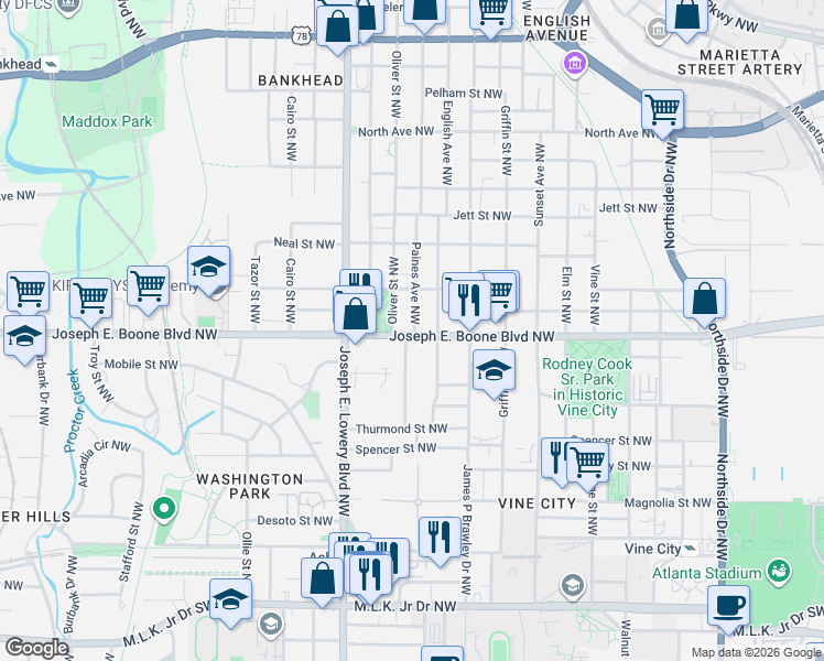map of restaurants, bars, coffee shops, grocery stores, and more near 839 Joseph E. Boone Boulevard Northwest in Atlanta