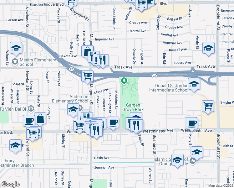 map of restaurants, bars, coffee shops, grocery stores, and more near in Garden Grove