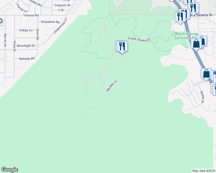 map of restaurants, bars, coffee shops, grocery stores, and more near 36 Mirada Circle in Rancho Mirage