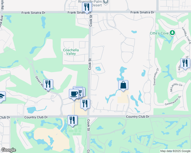 map of restaurants, bars, coffee shops, grocery stores, and more near 794 Montana Vista Drive in Palm Desert