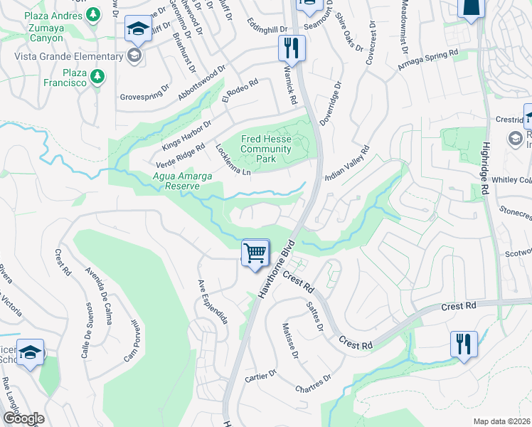 map of restaurants, bars, coffee shops, grocery stores, and more near 6542 Ocean Crest Drive in Rancho Palos Verdes