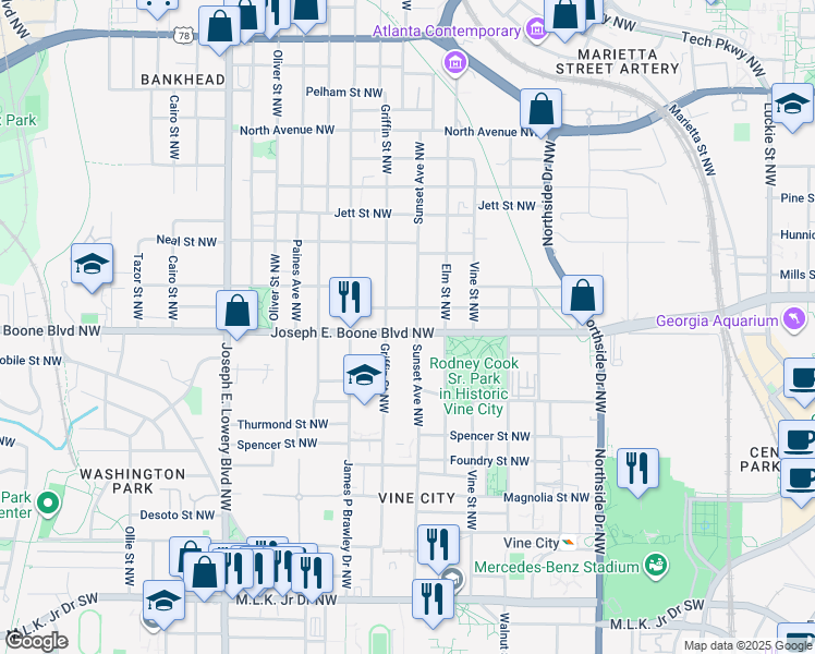 map of restaurants, bars, coffee shops, grocery stores, and more near 721 Joseph E. Boone Boulevard Northwest in Atlanta