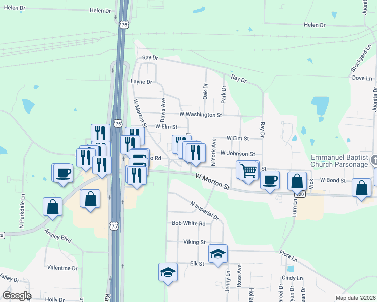 map of restaurants, bars, coffee shops, grocery stores, and more near 720 Layne Drive in Denison