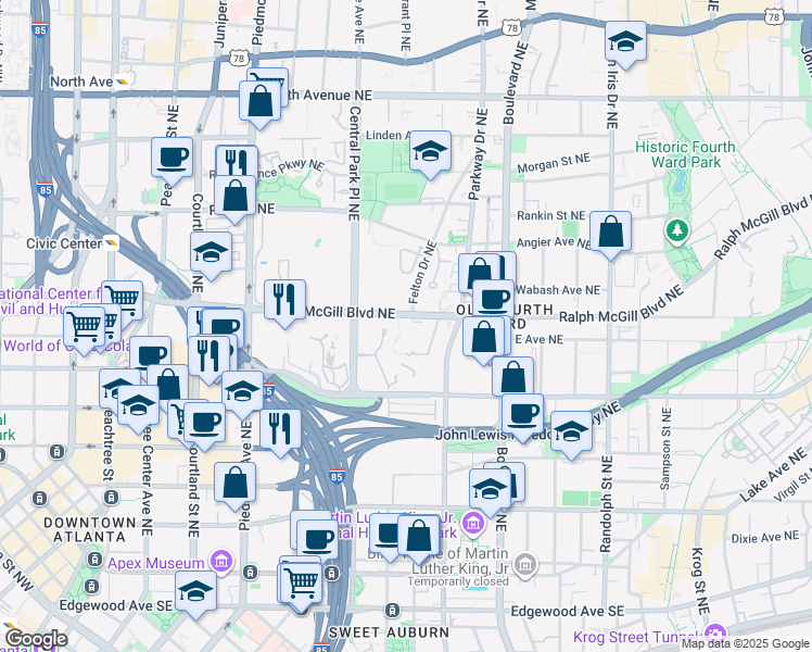map of restaurants, bars, coffee shops, grocery stores, and more near 301 McGill Park Avenue Northeast in Atlanta