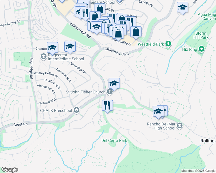 map of restaurants, bars, coffee shops, grocery stores, and more near 28958 Crestridge Road in Rancho Palos Verdes